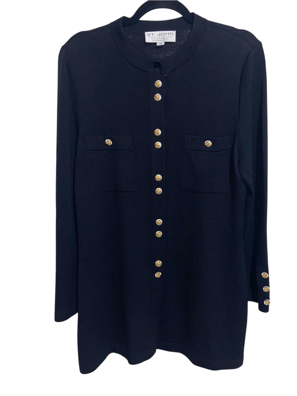 St. John Collection Marie Gray Sweater Sz 12 Cardigan Santana Knit Gold Buttons